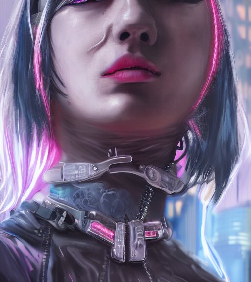 detailed realistic female character cyberpunk wearing thick collar around neck, realistic, art, beautiful, 4K, collar, choker, collar around neck, punk, artstation, detailed, female, woman, choker, cyberpunk, neon, punk, collar, choker, collar around neck, thick collar, tight around neck, punk,