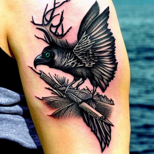 surreal image depicting a raven combined with a deer and an owl but is also actually a window into the ocean. Fine line tattoo art. dark fantasy, intricate detail.