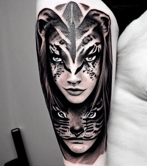 tattoo design of a beautiful girl warrior under a tiger head, hyper realistic, realism tattoo, by eliot kohek, beautiful eyes, realistic face, black and white, white background 