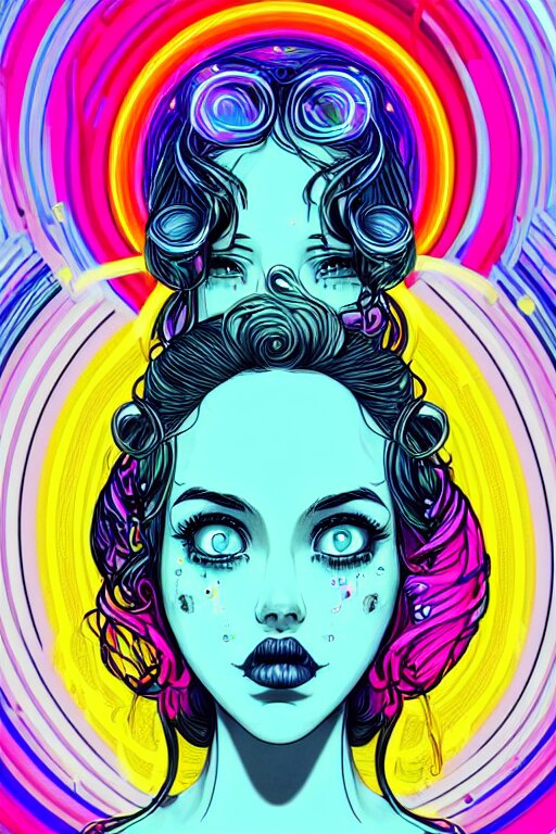 a award winning portrait of a beautiful woman with stunning eyes in a one off shoulder croptop and cargo pants with rainbow colored hair, outlined by whirling illuminated neon lines and fine lines swirling in circles by joe fenton, digital art, trending on artstation 