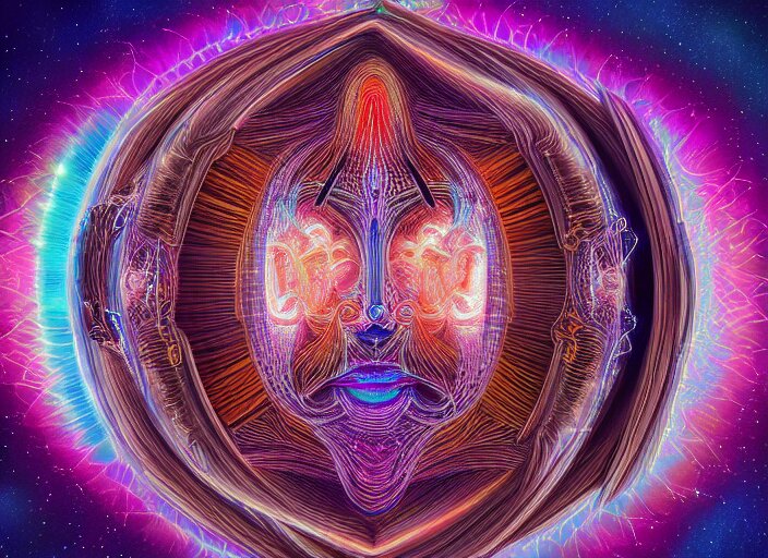 trasnformation into transcendence into collaborative intelligence, endless collaboration with ai, connectedness, body, by alex grey, album cover, award winning, beautiful, colorful, volumetric lighting, trending on artstation, cinematic 