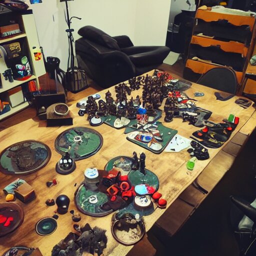 untidy flat of game designer who plays blood bowl 