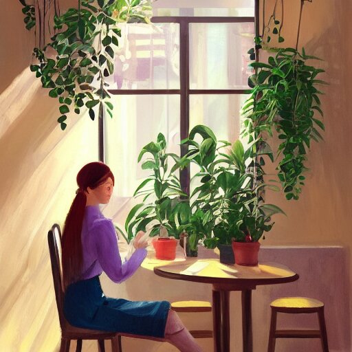 a cozy cute cafe with a window and plants, a young pretty filipino woman sits with an espresso, golden morning light, dramatic light, happy cozy feelings, oil painting trending on artstation 