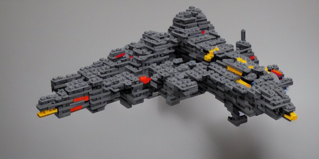 gigantic spaceship made with grey legobricks, flying in the galaxy 