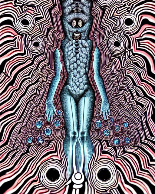 human body breaking away, conjuring psychedelic illustration, part by shintaro kago, part by alex gray, ultra realistic, highly detailed, 8 k, symmetry, fractals, grotesque, vibrant 