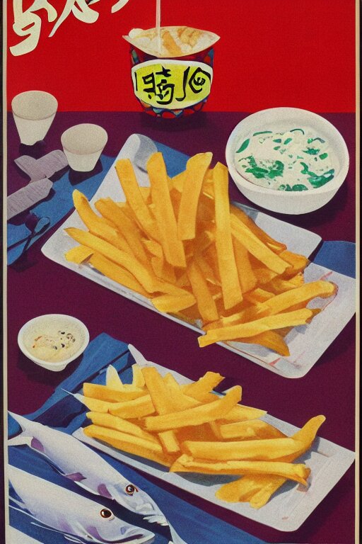 fish and chips advertisment, still life, 1 9 7 0 s japan shouwa advertisement, print, nostalgic 