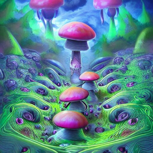 sleep paralysis while on mushrooms, mushroomcore, naturecore, high quality art, digital art, extreme detail, masterpiece 