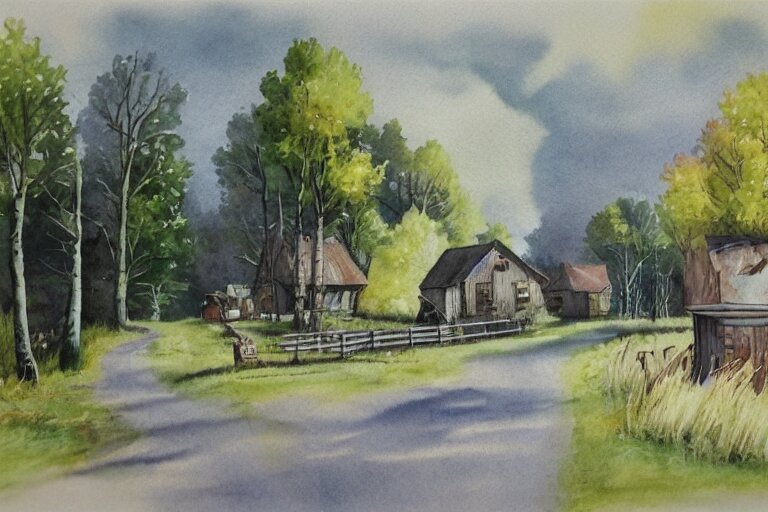 country road store goose watercolor pen trending on artstation 