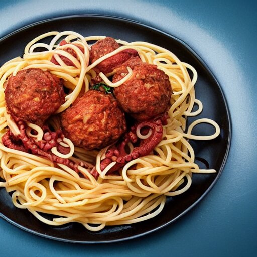 octopus with spaghetti as its tentacles, and a meatball as its body