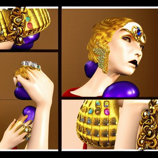 complex golden ring with cameo and gems on the female model hand with bust with a cyberpunk style, 8k, details