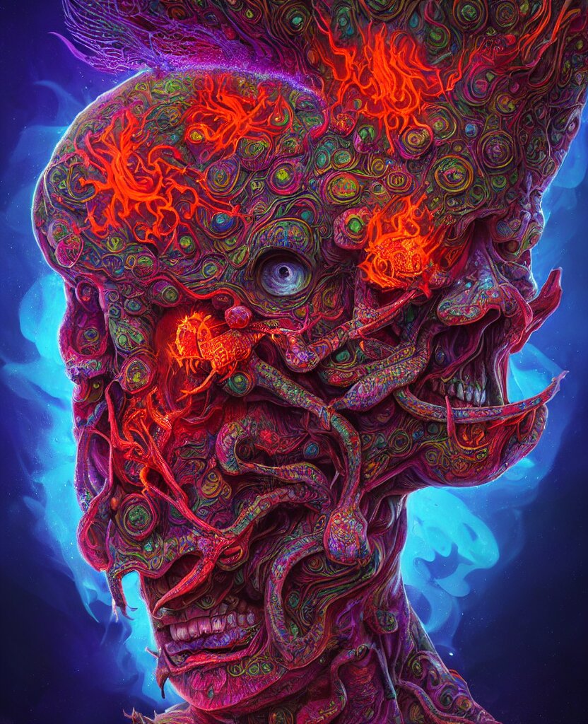 psychedelic shaman close-up portrait. amanita muscaria phoenix head, nautilus, insect, skull, ice and fire, bioluminiscent creatures, intricate artwork by Tooth Wu and wlop and beeple. octane render, trending on artstation, greg rutkowski very coherent symmetrical artwork. cinematic, hyper realism, high detail, octane render, 8k