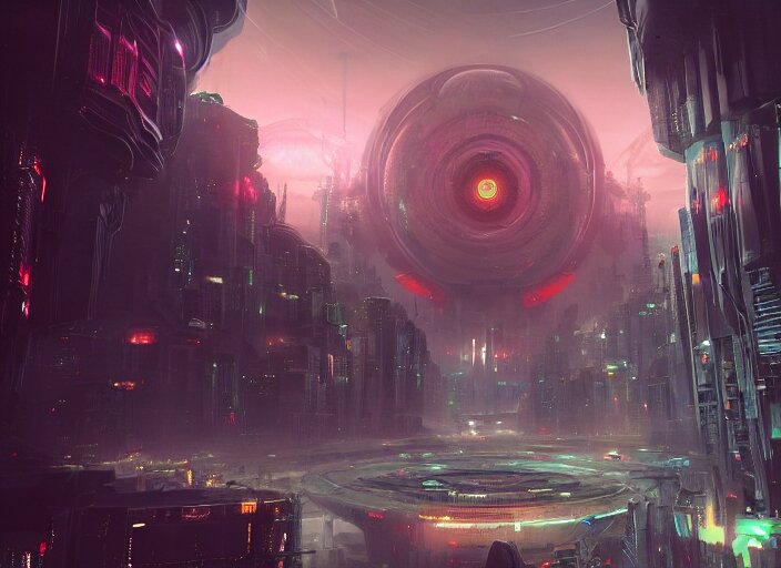 a futuristic city with a giant lovecraftian cthulu eye in the center, cyberpunk art by neil blevins, cgsociety, fantasy art, dystopian art, cryengine, redshift vibes 