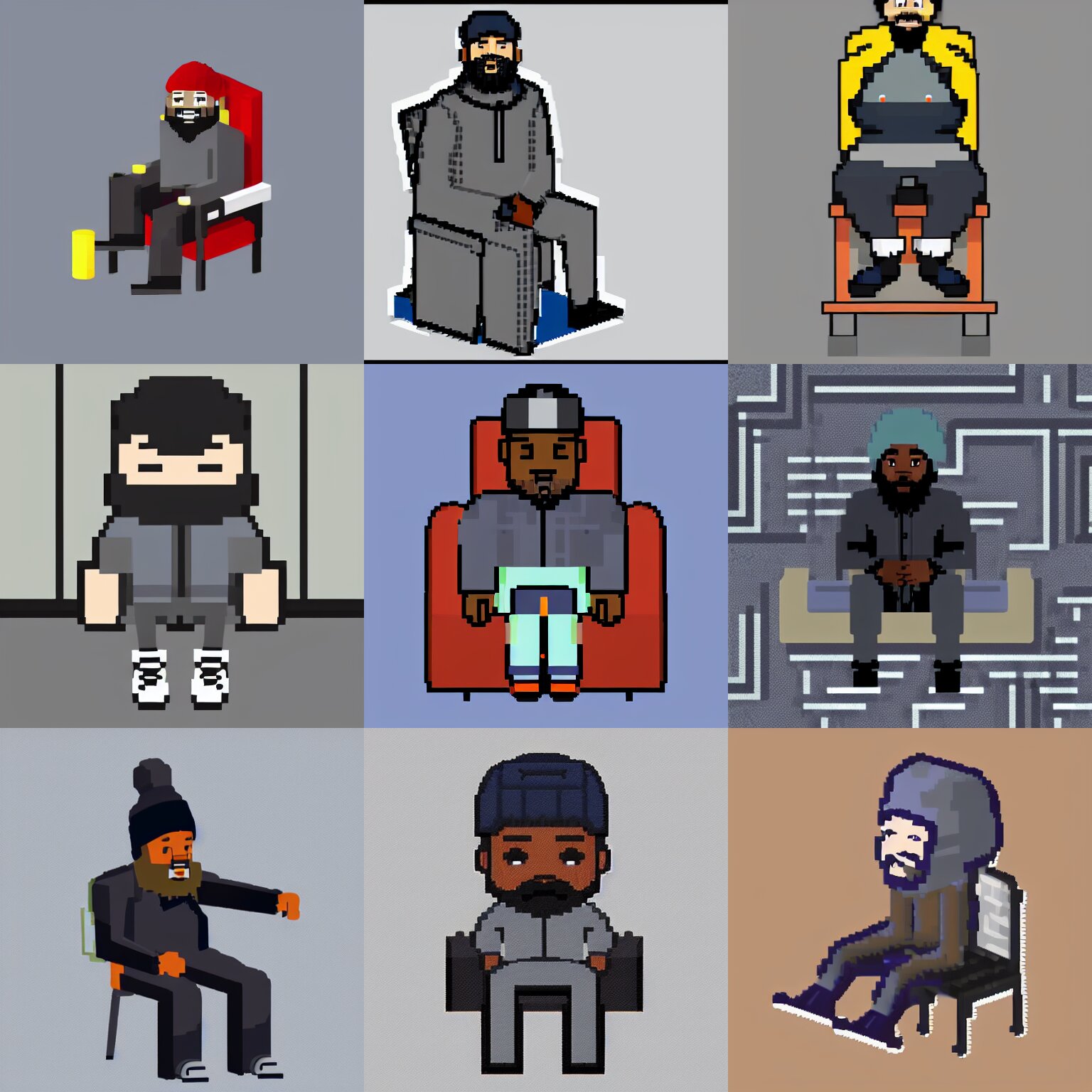 a fullbody isometric sprite of a 🧔🏿 wearing a gray do rag and a black winter puffer coat, sitting in a chair, assets, urban music studio, 8 bit, 