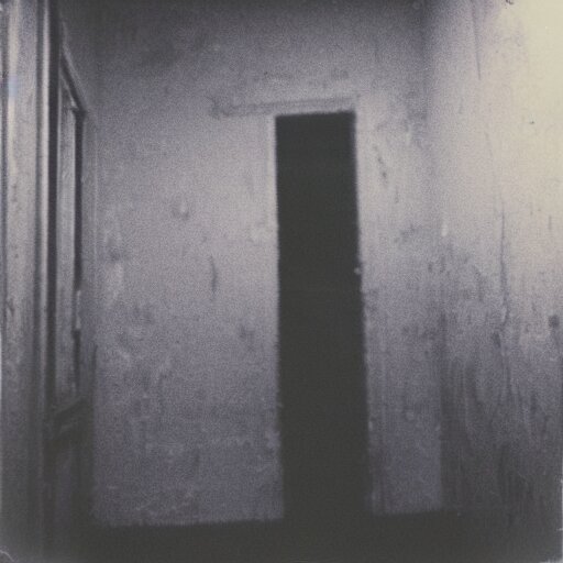 a mannequin at the top of a dark stairwell, abandoned, creepy, eerie, scary, old polaroid, expired film, out or focus, 
