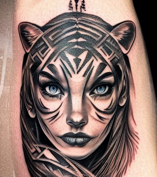 tattoo design of a beautiful girl warrior below a tiger head, hyper realistic, realism tattoo, by eliot kohek, beautiful eyes, realistic face, black and white, white background 