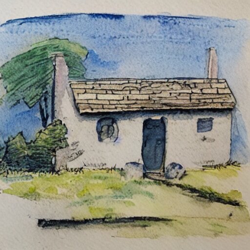 a watercolor and ink painting of a cottage, drawn on white parchment paper 