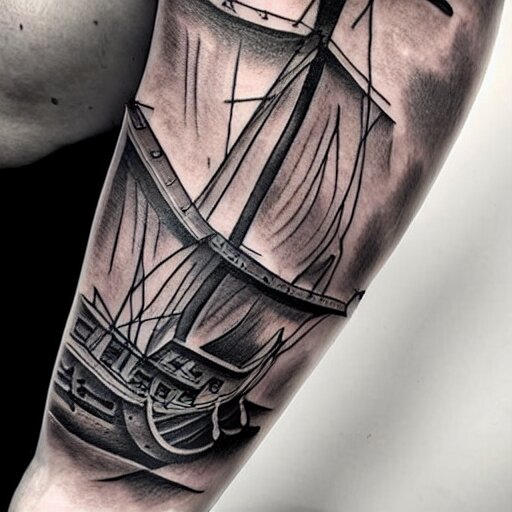 realism tattoo design of a pirate ship, by Matteo Pasqualin tattoo artist, on white paper