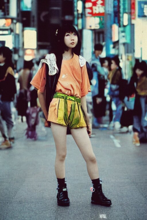 a street fashion photograph of a young japanese woman in 9 0 s fashion, in tokyo akihabara, shot on cinestill 5 0 d with a canon 3 5 mm at f / 5. 6 lens, print magazine, photorealistic, nineties nostalgia, 4 k 