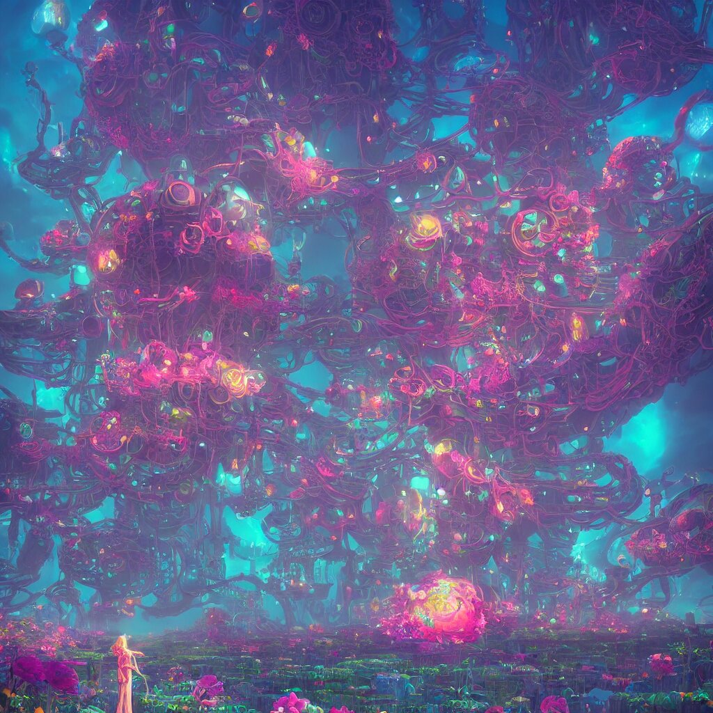 concept art, a world full of life divine thrill of the biological tranquil sky, atoms floating, cosmic horror, gothic harts, flowers, artwork by beeple and lisa frank, fantasy art, high - detailed, 8 k, uhd 