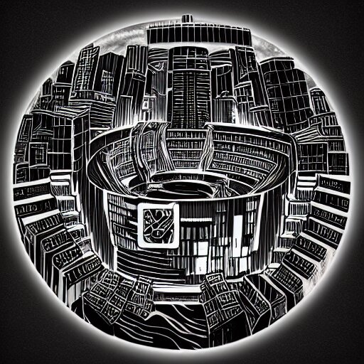 tattoo png logo of black hole rising above city, city destroyed by shockwave, black hole with accretion disс, digital art, vector logo, sticker, black and white, art by stefan koidl, brock hofer, marc simonetti 