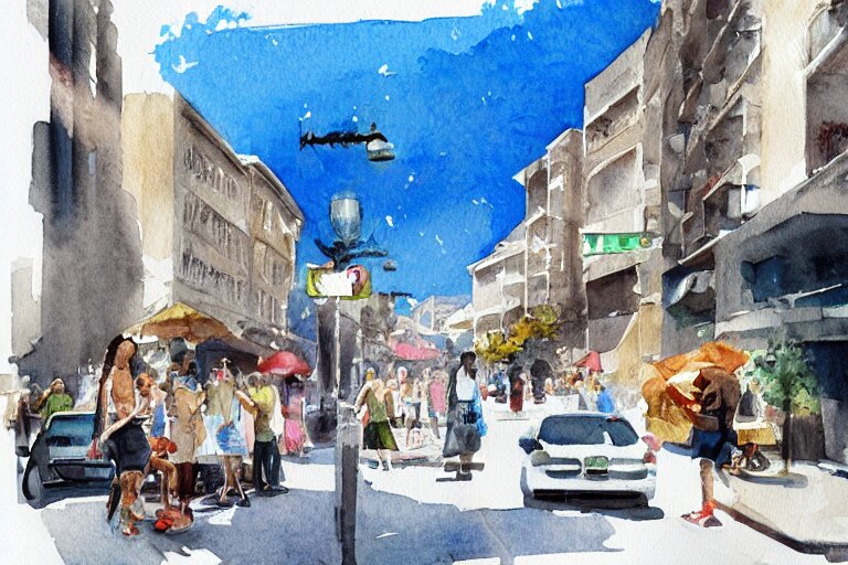 street summer watercolor pen by brad mesina trending on artstation 