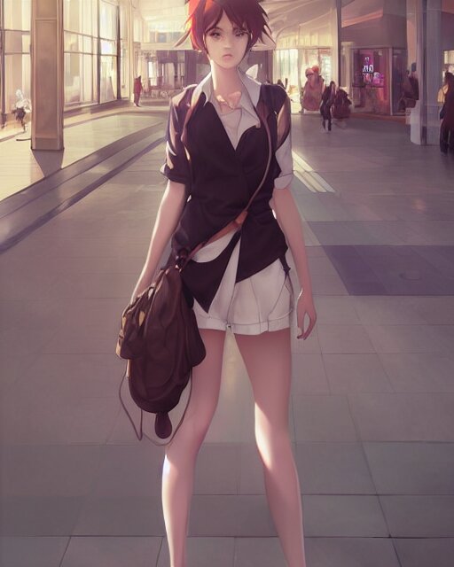 a girl at the mall, very sexy outfit, medium shot, visible face, detailed face, perfectly shaded, atmospheric lighting, by makoto shinkai, stanley artgerm lau, wlop, rossdraws 