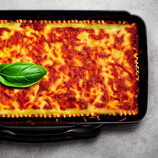 studio photography of a platypus cooking a lasagna with three basil leaves over the lasagna 