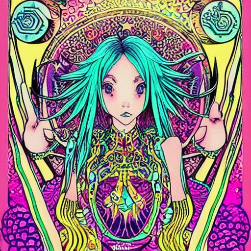 hatsune miki, intricate, amazing line work, cosmic, psychedelic, cheerful, colorful, tarot cards, the devil tarot card