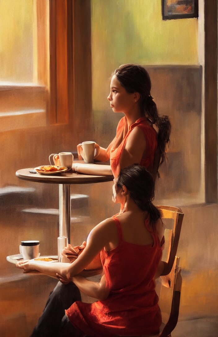 a portrait of a beautiful girl sitting in a cafe, cuban setting, warm colors, soft lighting, atmospheric, cinematic, moody, in the style of diego koi, gina heyer, luiz escanuela, art by alyssa monk, hyperrealism, rule of thirds, oil on canvas, 8 k 