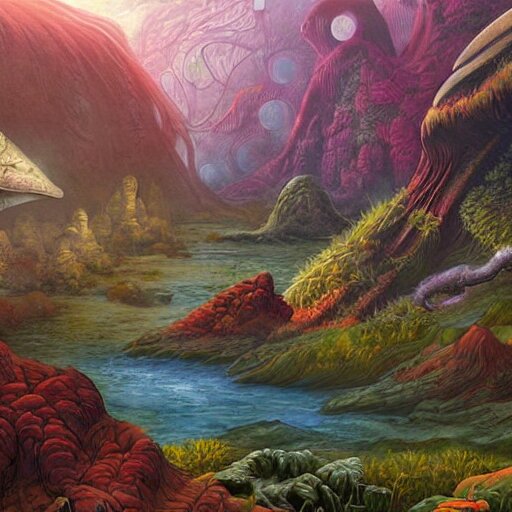 digital painting of a lush natural scene on an alien planet by gerald brom. digital render. detailed. beautiful landscape. colourful weird vegetation. cliffs and water. 