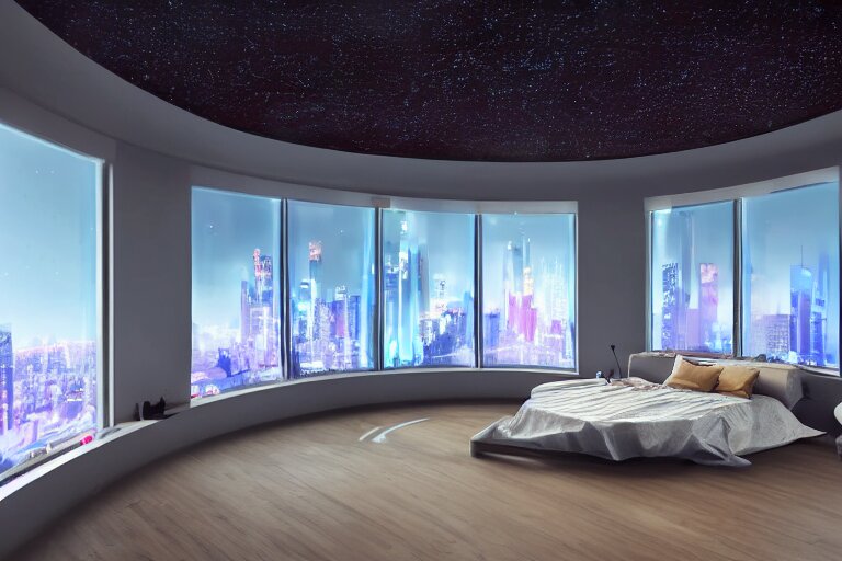 a futuristic sparse bedroom with large curved ceiling high windows looking out to a far future cyberpunk cityscape, flying drones outside, night time, cyberpunk neon lights, raining