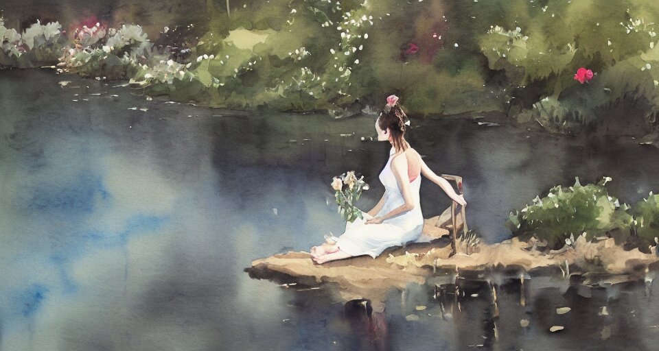 watercolor painting of flowers by the lake, dramatic lighting, peaceful, girl sitting, 