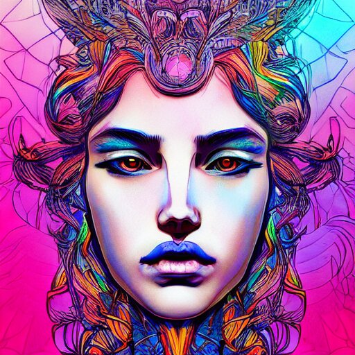 the head of a beautiful rainbow woman, an ultrafine detailed illustration by james jean, final fantasy, intricate linework, bright colors, behance contest winner, vanitas, angular, altermodern, unreal engine 5 highly rendered, global illumination, radiant light, detailed and intricate environment 