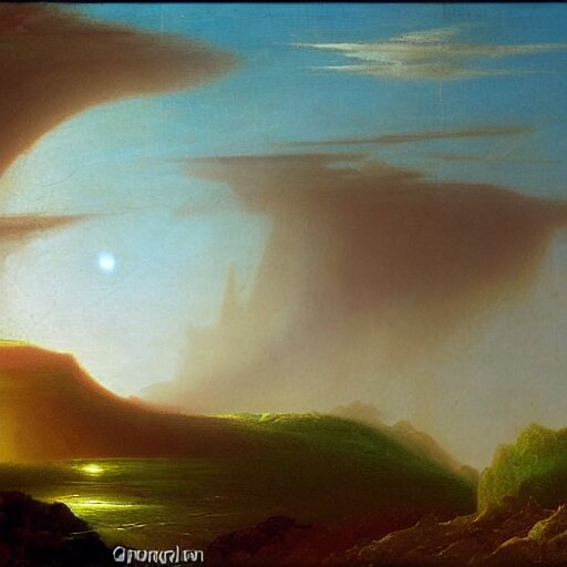 futuristic landscape in the style of thomas cole, landscape painting, romanticism, hudson river school, realism 