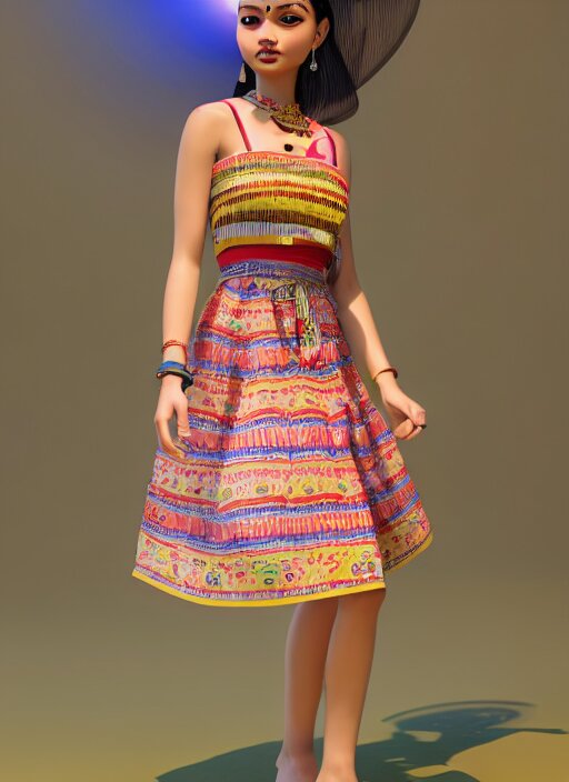 beautiful summer assamese mekehela bihu style floral gamosa dress ; flirtatious, boho - chic, sleeveless, elegant, short skirt length, slimmer demeanor, plethora of colors ; mini dress, highly detailed cute face by wlop ; octane render, unreal engine 5, trending on artstation, 8 k high resolution, global illumination ray tracing ; symmetrical, cinematic, high coherence, hdr fabric textures 