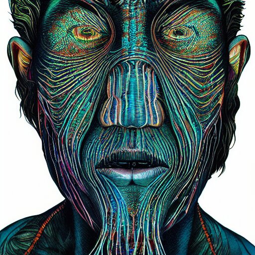 dark portrait of one Bioluminescent old shaman, with cracked reaction diffusion semi-transparent skin. multicolored fish scales, closeup. long dark hair with insects. realistic. intricate, very detailed, by alex grey and Moebius