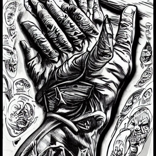 precisely drawn illustration of tattoo of seven fingered hand on upper arm, wide angle, sharp, fine details, french comic style, vibrant realistic colors, full color, heroic fantasy, intense line art, 8 k, precise linework, realistic, in the style of heavy metal comics and richard corben and moebius 