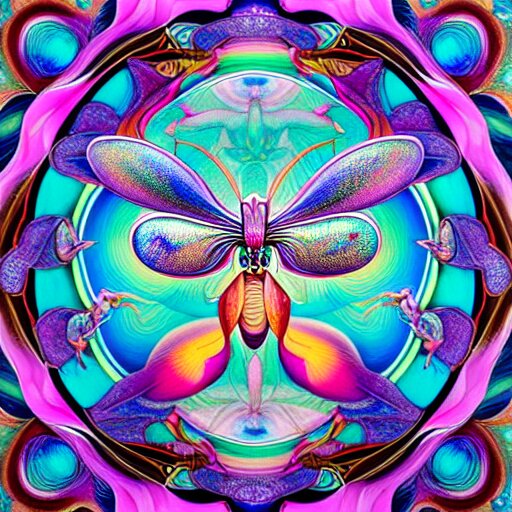 majestic colorful orchid mantis mandala enamel by james jean and yoshitaka amano, cloisonne, iridescent, black opals, beautiful hyperdetailed art nouveau orchids, ultrasharp photorealistic octane render 