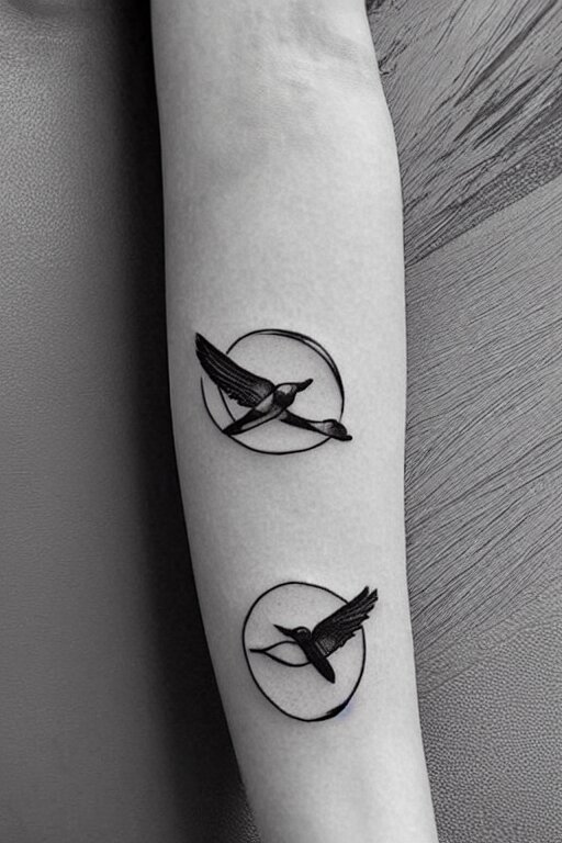 a beautiful tattoo design of minimalist swallows flying into spherical lines and simple basic shapes, black ink, abstract logo, line art 