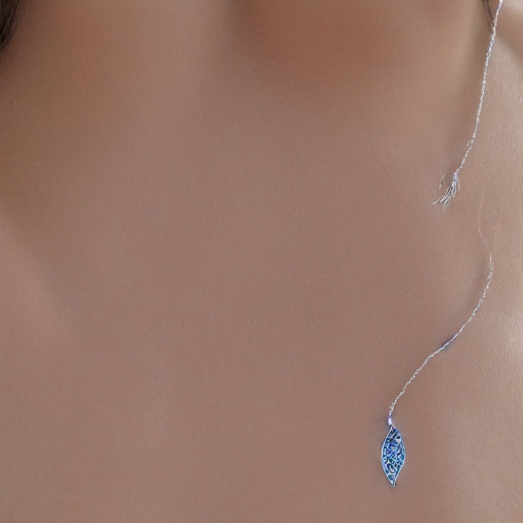 Amulet Of Wave inlaid in silver, on a young beautiful woman neck, realistic, clean,