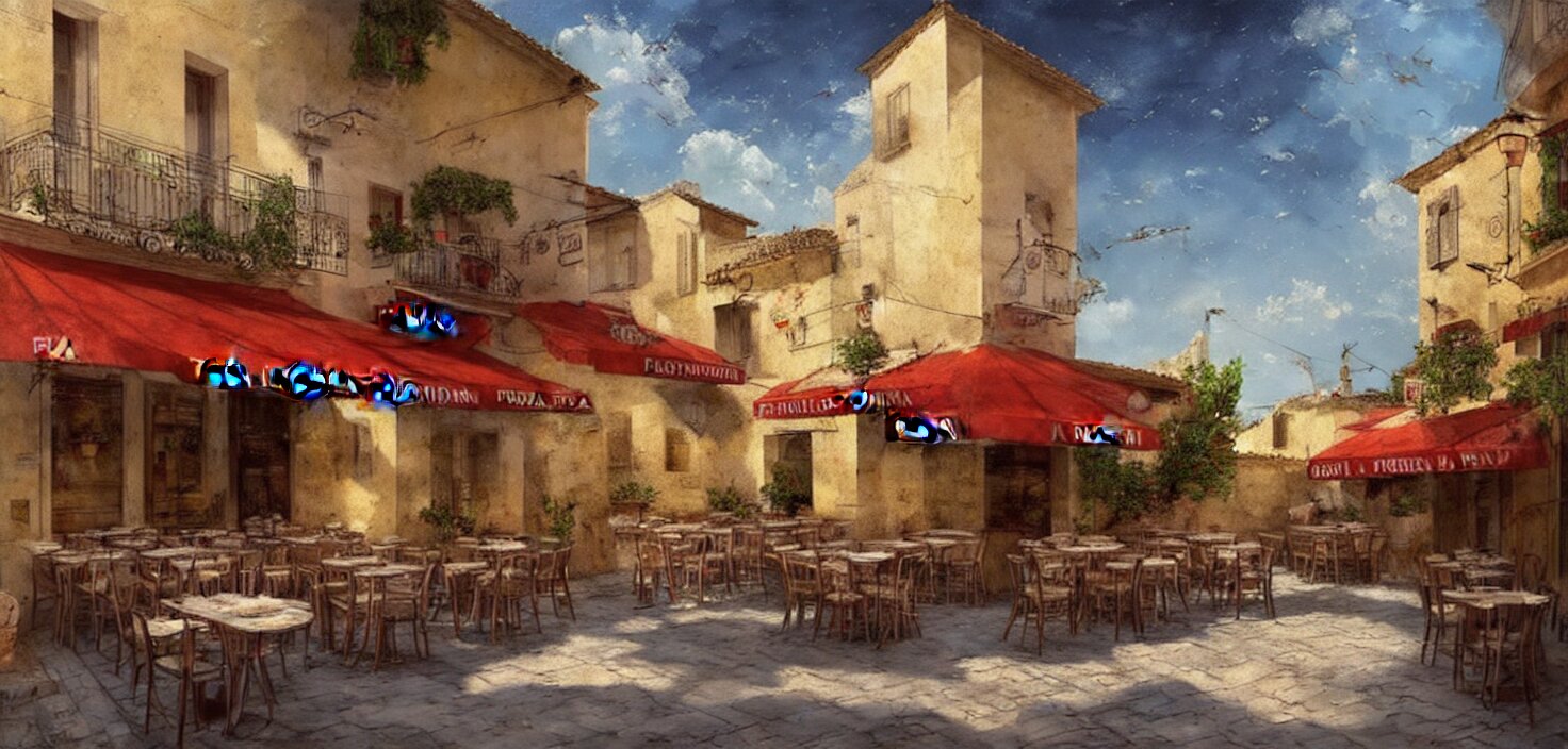 a traditional pizzeria in the street of a small village on the riviera. a terrace in the shade of a hundred - year - old olive, cinematic view, epic sky, detailed, concept art, low angle, high detail, warm lighting, volumetric, godrays, vivid, beautiful, trending on artstation, by jordan grimmer, huge scene, grass, art greg rutkowski 