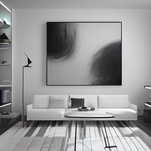 : abstract paintings on wall in white art studio with modern architecture cinematic lighting, hyper - realistic, detailed, render by c 4 d octane, unreal engine, 8 k 3 d render 