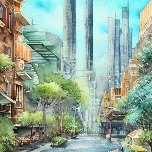 Beautiful picturesque charming futuristic city in harmony with nature. Nice colour scheme, soft warm colour. Beautiful detailed watercolor by Lurid. (2022)