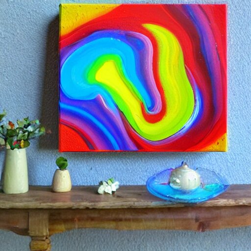 a pour painting on canvas, rainbow colors, abstract, thick paint, chunky paint, glossy, resin coated 