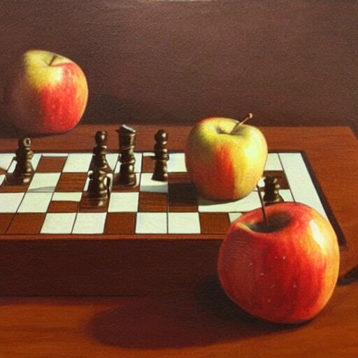 two apples playing chess, realistic oil paint 