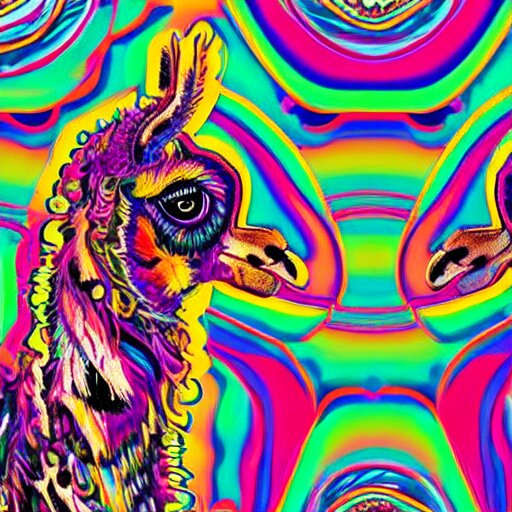 psychedelic, photorealistic, colorfully llama in a maximalist style on a background that fades to black 