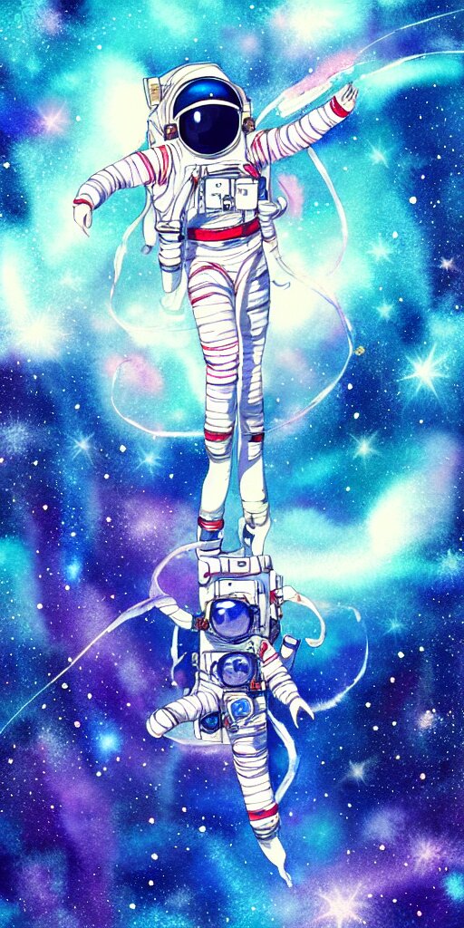 oriental water color of a female astronaut, floating through the void of space, stars are spread out, anime movie, highly detailed 