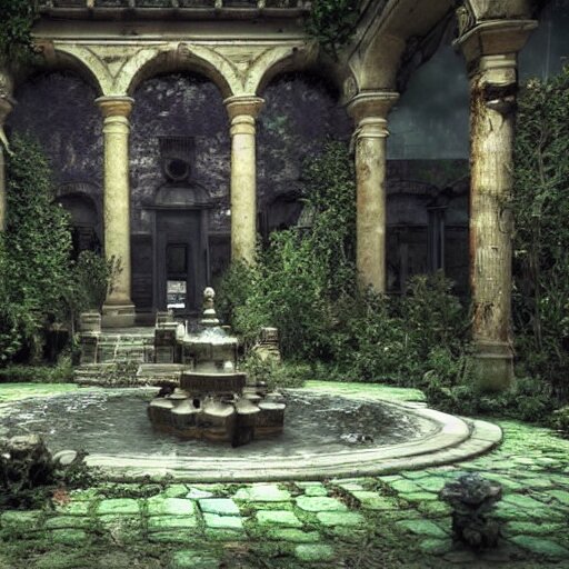 abandoned garden inside a dark mansion, fountain, dead flowers, realistic, highly detailed, background of resident evil game 