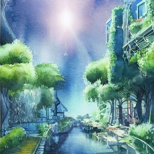 Beautiful happy picturesque charming sci-fi town in harmony with nature. Beautiful light. Water and plants. Nice colour scheme, soft warm colour. Beautiful detailed artistic watercolor by Lurid. (2022)