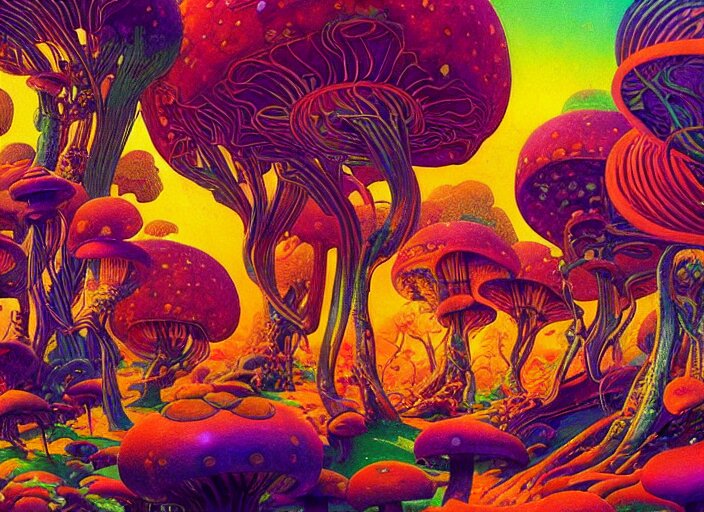 A psychedelic portrait of you are attacked by a group of crooked mushroom theurges , vibrant color scheme, highly detailed, in the style of romanticism, cinematic, artstation, Moebius, Greg rutkowski futurism, no blur, 4k resolution, sharp ages, ultra detailed, style of John Berkey, Norman Rockwell, Hans Thoma, Ivan Shishkin, Tyler Edlin, Thomas Kinkad